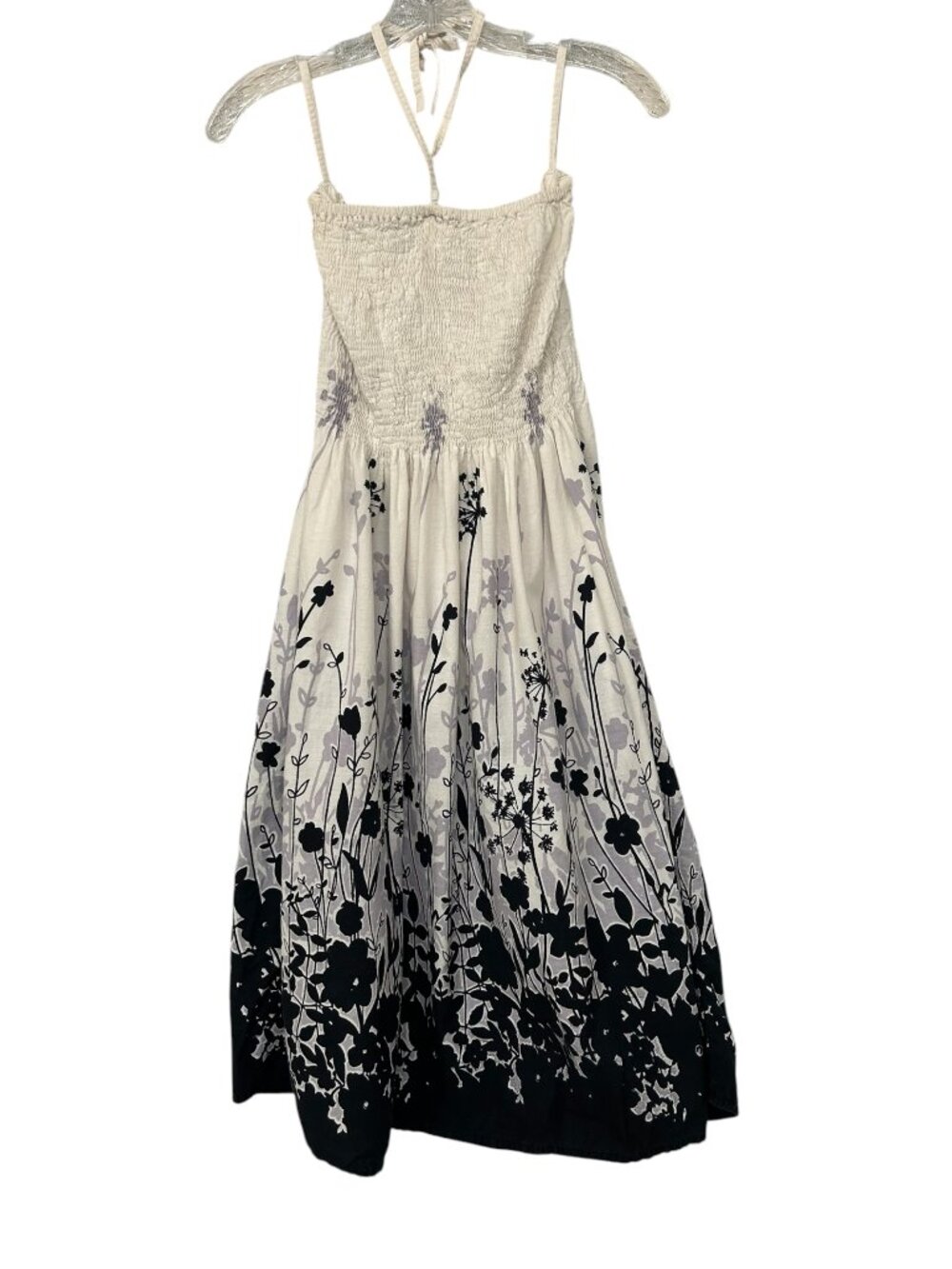 Hinge Dandelion Floral Midi Dress Cream Black Smocked Cottagecore Boho Small - Picture 2 of 6